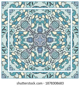 Colorful doodle ornament with floral, geometric elements. Seamless pattern and ornate frame border. Bandana shawl, tablecloth fabric print, silk neck scarf, kerchief design. Vector artistic decoration