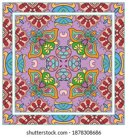 Colorful doodle ornament with floral, geometric elements. Seamless pattern and ornate frame border. Bandana shawl, tablecloth fabric print, silk neck scarf, kerchief design. Vector artistic decoration