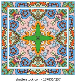 Colorful doodle ornament with floral, geometric elements. Seamless pattern and ornate frame border. Bandana shawl, tablecloth fabric print, silk neck scarf, kerchief design. Vector artistic decoration