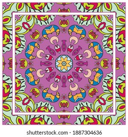 Colorful doodle ornament with floral, geometric elements. Seamless pattern and ornate frame border. Bandana shawl, tablecloth fabric print, silk neck scarf, kerchief design. Vector artistic decoration
