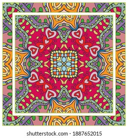 Colorful doodle ornament with floral, geometric elements. Seamless pattern and ornate frame border. Bandana shawl, tablecloth fabric print, silk neck scarf, kerchief design. Vector artistic decoration