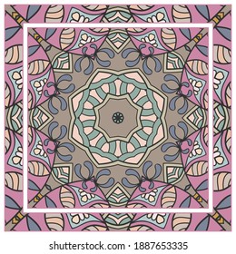 Colorful doodle ornament with floral, geometric elements. Seamless pattern and ornate frame border. Bandana shawl, tablecloth fabric print, silk neck scarf, kerchief design. Vector artistic decoration