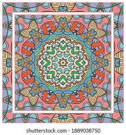 Colorful doodle ornament with floral, geometric elements. Seamless pattern and ornate frame border. Bandana shawl, tablecloth fabric print, silk neck scarf, kerchief design. Vector artistic decoration