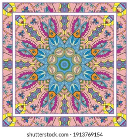 Colorful doodle ornament with floral, geometric elements. Seamless pattern and ornate frame border. Bandana shawl, tablecloth fabric print, silk neck scarf, kerchief design. Vector artistic decoration