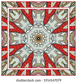 Colorful doodle ornament with floral, geometric elements. Seamless pattern and ornate frame border. Bandana shawl, tablecloth fabric print, silk neck scarf, kerchief design. Vector artistic decoration