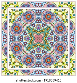 Colorful doodle ornament with floral, geometric elements. Seamless pattern and ornate frame border. Bandana shawl, tablecloth fabric print, silk neck scarf, kerchief design. Vector artistic decoration
