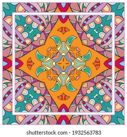 Colorful doodle ornament with floral, geometric elements. Seamless pattern and ornate frame border. Bandana shawl, tablecloth fabric print, silk neck scarf, kerchief design. Vector artistic decoration