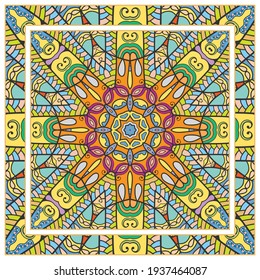 Colorful doodle ornament with floral, geometric elements. Seamless pattern and ornate frame border. Bandana shawl, tablecloth fabric print, silk neck scarf, kerchief design. Vector artistic decoration