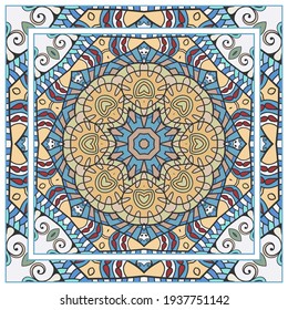 Colorful doodle ornament with floral, geometric elements. Seamless pattern and ornate frame border. Bandana shawl, tablecloth fabric print, silk neck scarf, kerchief design. Vector artistic decoration