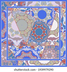 Colorful doodle ornament with floral, geometric elements. Patchwork quilt pattern and ornate frame border. Bandana shawl, tablecloth fabric print, silk neck scarf, kerchief design. 