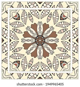 Colorful doodle ornament with floral, geometric elements. Seamless pattern and ornate frame border. Bandana shawl, tablecloth fabric print, silk neck scarf, kerchief design. Vector artistic decoration