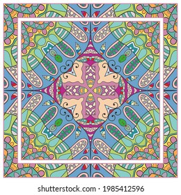 Colorful doodle ornament with floral, geometric elements. Seamless pattern and ornate frame border. Bandana shawl, tablecloth fabric print, silk neck scarf, kerchief design. Vector artistic decoration