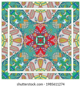 Colorful doodle ornament with floral, geometric elements. Seamless pattern and ornate frame border. Bandana shawl, tablecloth fabric print, silk neck scarf, kerchief design. Vector artistic decoration