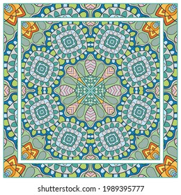 Décor de gribouillis coloré avec des éléments géométriques et fleuris. Motif harmonieux et bordure de cadre ornée. Bardeaux de bandane, imprimés en tissu de nappe, écharpe de soie au cou, crénage. Image vectorielle décoration artistique