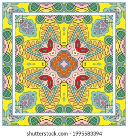 Colorful doodle ornament with floral, geometric elements. Seamless pattern and ornate frame border. Bandana shawl, tablecloth fabric print, silk neck scarf, kerchief design. Vector artistic decoration