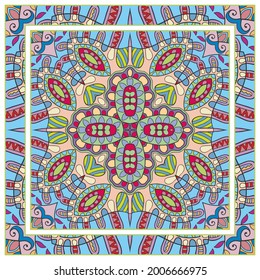 Décor de gribouillis coloré avec des éléments géométriques et fleuris. Motif harmonieux et bordure de cadre ornée. Bardeaux de bandane, imprimés en tissu de nappe, écharpe de soie au cou, crénage. Image vectorielle décoration artistique