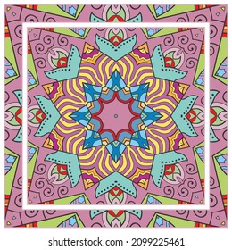 Colorful doodle ornament with floral, geometric elements. Seamless pattern and ornate frame border. Bandana shawl, tablecloth fabric print, silk neck scarf, kerchief design. Vector artistic decoration