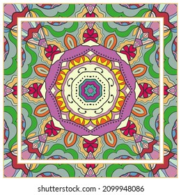 Colorful doodle ornament with floral, geometric elements. Seamless pattern and ornate frame border. Bandana shawl, tablecloth fabric print, silk neck scarf, kerchief design. Vector artistic decoration