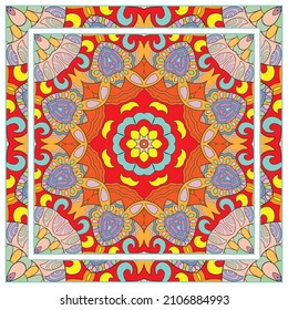 Colorful doodle ornament with floral, geometric elements. Seamless pattern and ornate frame border. Bandana shawl, tablecloth fabric print, silk neck scarf, kerchief design. Vector artistic decoration