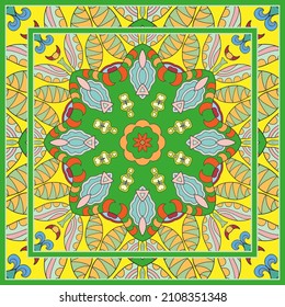 Colorful doodle ornament with floral, geometric elements. Seamless pattern and ornate frame border. Bandana shawl, tablecloth fabric print, silk neck scarf, kerchief design. Vector artistic decoration