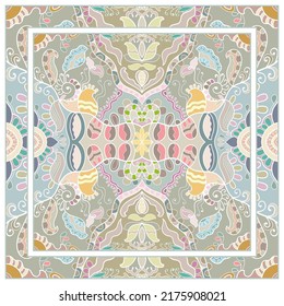 Colorful doodle ornament with floral, geometric elements. Seamless pattern and ornate frame border. Bandana shawl, tablecloth fabric print, silk neck scarf, kerchief design. Vector artistic decoration
