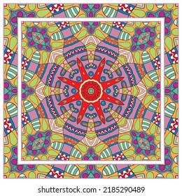 Colorful doodle ornament with floral, geometric elements. Seamless pattern and ornate frame border. Bandana shawl, tablecloth fabric print, silk neck scarf, kerchief design. Vector artistic decoration