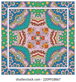Colorful doodle ornament with floral, geometric elements. Seamless pattern and ornate frame border. Bandana shawl, tablecloth fabric print, silk neck scarf, kerchief design. Vector artistic decoration