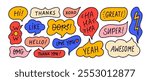 Colorful doodle outline speech bubbles with cute messages. Hand drawn childish funky speech balloons. Hand drawn comic book emotional bubbles. Cute sticker or badges with text, oops, omg, wow.