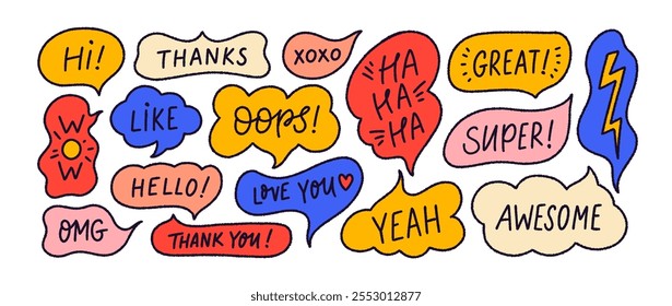 Colorful doodle outline speech bubbles with cute messages. Hand drawn childish funky speech balloons. Hand drawn comic book emotional bubbles. Cute sticker or badges with text, oops, omg, wow.