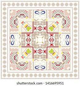 Colorful doodle pattern with frame border, geometric floral ornament. Decorative hand drawn background . Bandanna shawl, hijab, tablecloth fabric print, silk neck scarf, kerchief design