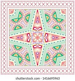 Colorful doodle pattern with frame border, geometric floral ornament. Decorative hand drawn background . Bandanna shawl, hijab, tablecloth fabric print, silk neck scarf, kerchief design