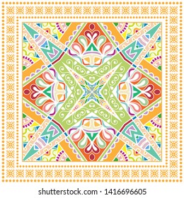 Colorful doodle pattern with frame border, geometric floral ornament. Decorative hand drawn background . Bandanna shawl, hijab, tablecloth fabric print, silk neck scarf, kerchief design