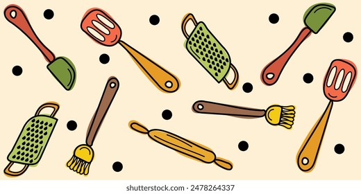 Colorful Doodle pattern Kitchen utensil: spatula, rolling pin, brush, gratter. Vector hand drawn illustration in green, orange, red, yellow, brown colors. Isolated on beige background	