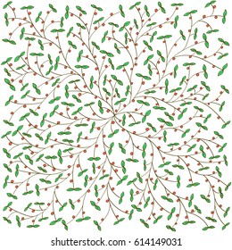 Colorful doodle pattern of many leaves and berries on bushy branches . hand drawn colored floral ornament for your design