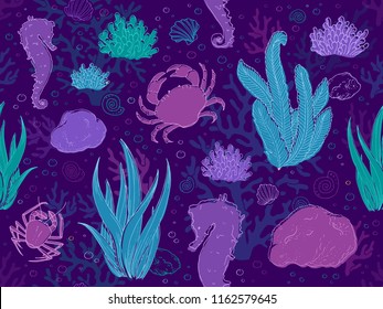 Colorful doodle pattern with repeating under sea illustrations. Seamless background with violet and blue algae, crabs, corals, seahorses. Hand-drawn ocean print