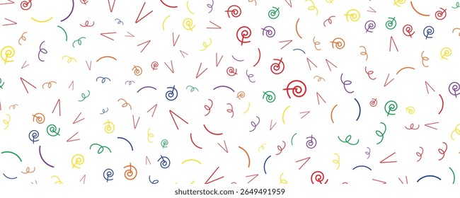 Colorful Doodle Pattern with Spirals, Arrows, and Curves on White Background, Perfect for Abstract Art, Fun Designs, and Creative Graphic Projects