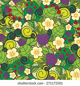 Colorful doodle pattern with summer flowers and berries. Vector illustration