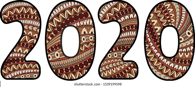 Colorful doodle patterned number 2020 tangled mandalas and words Happy New Year. Vector illustration handwritten font 2020 for decorate calendar, banner, poster, invitation, new year card