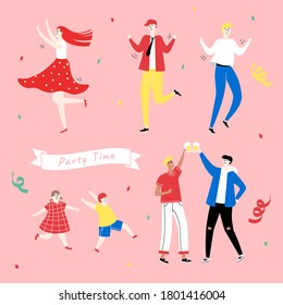 Colorful Doodle Of People Partying On Pink Background With Confetti