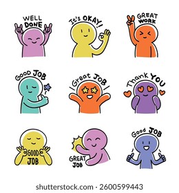 Colorful Doodle Positive Characters and Phrases Set.