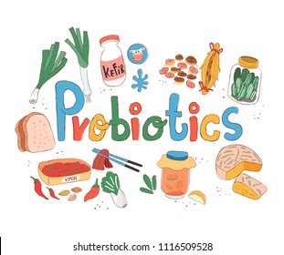 Colorful Doodle Probiotics Rich Foods On White Background, Illustration, Vector