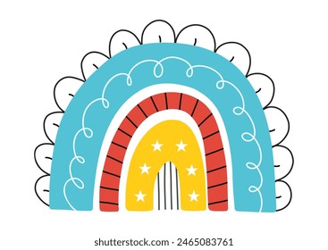 Elemento aislado del arcoiris del doodle colorido sobre fondo blanco. Elemento de arco iris creativo en estilo escandinavo. Ilustración vectorial