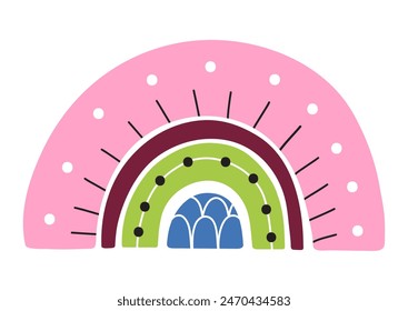 Elemento aislado del arcoiris del doodle colorido sobre fondo blanco. Elemento de arco iris creativo en estilo escandinavo. Ilustración vectorial