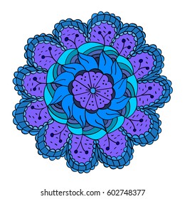 Colorful doodle round pattern of blue flower. hand drawn abstract colored floral ornament for your design