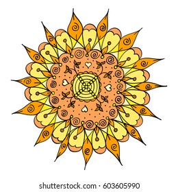 Colorful doodle round pattern of orange flower. hand drawn abstract colored floral ornament for your design