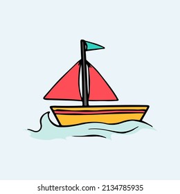 Colorful doodle sail boat illustration. Colorful summer icon