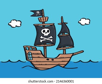 Colorful doodle of sailing pirate ship. Hand drawn vector illustration.