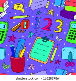 Colorful Doodle School Equipment Pattern,Seamless Pattern, Vector Illustration EPS 10.