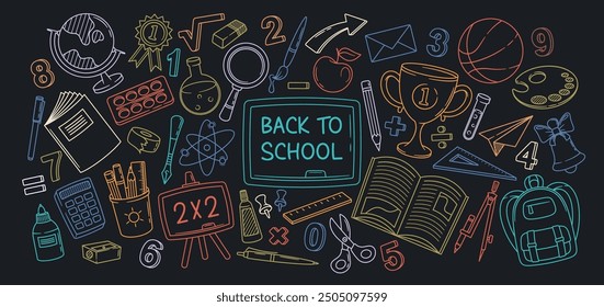 Colorful Doodle School Supplies And Elements Illustration On Black Background Perfect For Back To School Themes