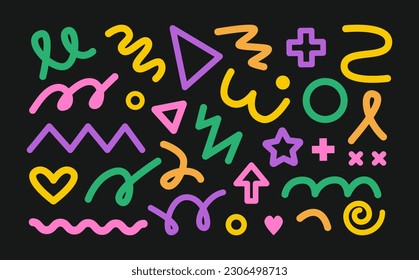 Colorful doodle and scribble shapes, strokes, lines. Modern abstract childish minimalist figures. Memphis and 90s inspired background. Retro nostalgia.